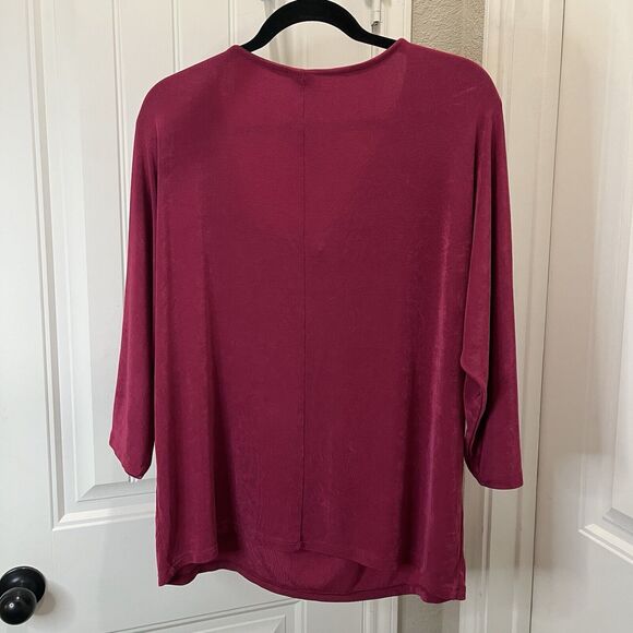 Chicos Size 2 Travelers Pink Wine Asymmetrical V Neckline 3/4 Sleeves Top 12/14 - Picture 6 of 9